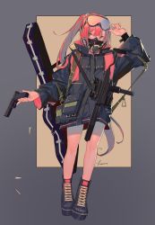 Rule 34 | 1girl, black coat, black footwear, bullet, coat, covered mouth, full body, goggles, goggles on head, gun, hand up, holding, holding gun, holding weapon, instrument case, lanzi (415460661), long hair, long sleeves, original, pink hair, shoes, signature, solo, standing, very long hair, weapon, wide sleeves