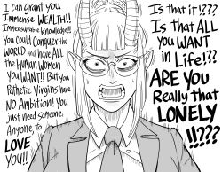 Rule 34 | 1girl, absurdres, bb (baalbuddy), demon girl, demon horns, english text, femephistopheles (baalbuddy), glasses, greyscale, highres, horns, looking at viewer, monochrome, necktie, original, pointy ears, shouting, simple background, solo, wall of text, white background