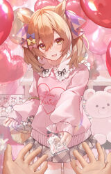 Rule 34 | 1girl, absurdres, animal ears, balloon, basket, blush, bow, breasts, brown hair, clothes writing, frilled shirt collar, frills, gift, gift bag, grey skirt, hair bow, heart balloon, highres, holding, holding gift, horse ears, looking at viewer, medium hair, miniskirt, open mouth, pink shirt, pleated skirt, pov, pov hands, reaching, reaching towards viewer, shirt, skirt, sleeves past wrists, small breasts, smart falcon (umamusume), smile, standing, stuffed animal, stuffed toy, teddy bear, twintails, umamusume, valentine, yellow eyes, yogukasu
