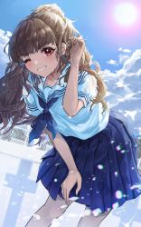 Rule 34 | 1girl, absurdres, bent over, blue neckwear, blue skirt, blue sky, blurry, blurry background, brown hair, collared shirt, empty pool, floating hair, grin, highres, idolmaster, idolmaster cinderella girls, idolmaster cinderella girls starlight stage, kamiya nao, long hair, looking at viewer, miniskirt, one eye closed, plaid, plaid skirt, pool, red eyes, sailor collar, sailor shirt, shino sto, shirt, short sleeves, skirt, sky, smile, solo, standing, sun, very long hair, white sailor collar, white shirt