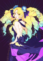 Rule 34 | 1girl, astraea (fate), backless dress, backless outfit, blonde hair, blue hair, bow, chirlley, dress, drill hair, fate/grand order, fate (series), flower, from behind, gradient hair, highres, long hair, looking at viewer, luviagelita edelfelt, multicolored hair, solo, sparkle, very long hair, yellow eyes