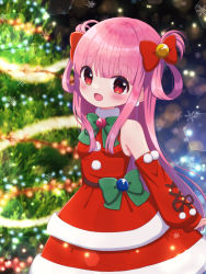 Rule 34 | 1girl, :d, bare shoulders, belt, blush, bow, bowtie, breasts, christmas, detached sleeves, dot nose, dress, eyes visible through hair, feet out of frame, glowing, green bow, green bowtie, hair between eyes, hair bow, hair rings, hexagon, highres, long hair, looking at viewer, nekomura yuyuko, night, open mouth, original, pink hair, pom pom (clothes), red dress, red eyes, santa dress, sidelocks, sleeveless, sleeveless dress, small breasts, smile, snowflakes, solo, standing, straight hair, wide sleeves