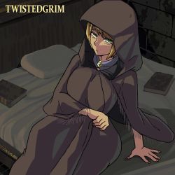 Rule 34 | 1girl, animated, blonde hair, blush, breasts, cloak, closed mouth, deathbed smalls, dress, elden ring, fia the deathbed companion, from software, hair over one eye, highres, hood, hood up, hooded cloak, large breasts, long hair, looking at viewer, on bed, panties, sitting, smile, solo, tagme, twistedgrim, underwear, video