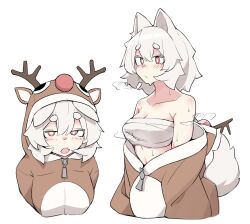 Rule 34 | 1girl, animal ears, antlers, breasts, cleavage, closed mouth, fake horns, highres, horns, inubashiri momiji, looking at viewer, medium breasts, multiple views, onesie, open mouth, red eyes, sarashi, short hair, simple background, touhou, upper body, white background, white hair, wolf ears, wolf girl, yashiki sen
