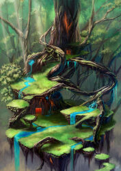 Rule 34 | building, commentary request, day, fantasy, floating island, forest, giant tree, glowing, glowing liquid, grass, haguruma rapt, highres, leaf, light rays, metal, nature, no humans, original, outdoors, plant, plant roots, rock, scenery, signature, stairs, stream, sunbeam, sunlight, tree, vines, water, waterfall