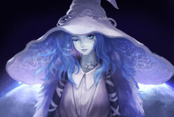 Rule 34 | 1girl, blue dress, blue eyes, blue hair, blue headwear, blue robe, blue skin, cloak, colored skin, cracked skin, dress, elden ring, extra arms, extra faces, eyes visible through headwear, facial mark, fur cloak, ghost, glowing tattoo, hat, highres, looking at viewer, moya (artstation), one eye closed, ranni&#039;s dark moon, ranni the witch, robe, wide brim, witch, witch hat