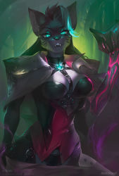 Rule 34 | 1girl, absurdres, artist name, breasts, colored skin, commentary request, cosplay, cowboy shot, facial mark, fangs, forehead, furry, furry female, green eyes, hand up, highres, kardie, large breasts, league of legends, long hair, looking at viewer, o-ring, on shoulder, outdoors, parted lips, patreon username, purple skin, renata glasc, solo, tree, v-shaped eyebrows, whisker markings