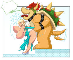 Rule 34 | 1boy, 1girl, :d, arm held back, armlet, ass, bent over, blank speech bubble, blonde hair, blue dress, blue eyes, blue eyeshadow, blue gloves, blush, border, bottomless, bouncing breasts, bowser, bracelet, breasts, breasts out, claws, cleavage, clenched teeth, collar, constricted pupils, crown, cum, cum in pussy, curvy, doggystyle, dress, earrings, elbow gloves, eyelashes, eyeshadow, from side, full body, gamegwl, gloves, hair over one eye, half-closed eye, heart, height difference, hetero, high heels, horns, huge ass, huge breasts, interspecies, jewelry, large areolae, legs, legs together, lips, long hair, long nipples, makeup, mario (series), motion lines, nintendo, nipples, no bra, no socks, nostrils, open mouth, pink lips, puffy nipples, red eyes, red hair, rolling eyes, rosalina, saliva, scales, sex, sex from behind, sharp teeth, shell, shiny skin, silver footwear, size difference, smile, speech bubble, spiked armlet, spiked bracelet, spiked shell, spikes, standing, standing sex, star (symbol), star earrings, stiletto heels, super mario galaxy, sweat, tail, tail wagging, teeth, thick eyebrows, thick thighs, thighs, tongue, tongue out, torn clothes, torn dress, unaligned breasts, vaginal, white background