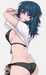 Rule 34 | 1girl, arms up, ass, bikini, black bikini, blue eyes, blue hair, breasts, byleth (female) (fire emblem), byleth (fire emblem), clothes lift, commentary, cowboy shot, fire emblem, fire emblem: three houses, grey background, hair between eyes, highres, large breasts, long hair, looking at viewer, nintendo, official alternate costume, shimizu akina, shirt, shirt lift, short sleeves, simple background, solo, standing, swimsuit, twitter username, white shirt
