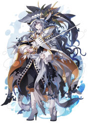 Rule 34 | 1boy, air bubble, ascot, bicorne, black coat, black pants, boots, bubble, capri pants, caviar, caviar (food fantasy), cloak, coat, eyepatch, fish hat, food fantasy, frilled shirt collar, frilled sleeves, frills, full body, gold trim, grey cloak, grey eyes, grey footwear, grey hair, grey sash, hair over one eye, hand on own hip, hat, high heel boots, high heels, highres, holding, holding sword, holding weapon, long hair, long sleeves, looking at viewer, male focus, pants, parted lips, pirate, pirate hat, sash, sleeve cuffs, solo, standing, suisan shijou, sword, two-sided cloak, two-sided fabric, wavy hair, weapon, white ascot