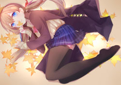 Rule 34 | 1girl, absurdres, autumn, autumn leaves, black thighhighs, blue eyes, blue skirt, commentary request, from above, full body, highres, holding, holding leaf, leaf, light brown hair, long hair, long sleeves, looking at viewer, lying, no shoes, original, pleated skirt, skirt, smile, solo, sylvia (huajiuhuajiu), thighhighs, twintails, zettai ryouiki