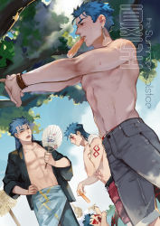 Rule 34 | 4boys, adapted costume, bare pectorals, blue hair, chest tattoo, chibi, cu chulainn (caster) (fate), cu chulainn (fate), cu chulainn (fate) (all), cu chulainn (fate/stay night), cu chulainn alter (fate), cu chulainn alter (fate/grand order), earrings, facial mark, fate/grand order, fate/stay night, fate (series), fou (fate), guttia, hair down, hand fan, jewelry, lancer, long hair, male focus, mini cu-chan (fate), multiple boys, multiple persona, open clothes, open shirt, paper fan, pectorals, ponytail, red eyes, shorts, shoulder tattoo, stretching, summer, sweat, tattoo, topless male, towel around waist, uchiwa, wristband