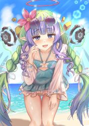 1girl absurdres ameth_(princess_connect!) ameth_(summer)_(princess_connect!) aqua_one-piece_swimsuit blue-tinted_eyewear braid casual_one-piece_swimsuit commentary drill_hair drill_sidelocks eyewear_on_head floral_print flower halo highres i_tamima jacket jacket_over_swimsuit low_twin_braids one-piece_swimsuit pink_flower princess_connect! red_halo see-through_clothes see-through_jacket sidelocks solo sunglasses swimsuit swimsuit_skirt tinted_eyewear twin_braids