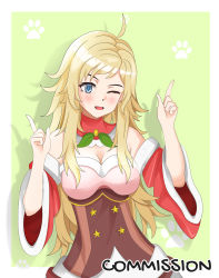 Rule 34 | 1girl, ahoge, alternate costume, blonde hair, blue eyes, breasts, christmas, cleavage, commission, cosplay, fire emblem, fire emblem fates, fire emblem heroes, highres, lissa (fire emblem), lissa (fire emblem) (cosplay), looking at viewer, medium breasts, nintendo, one eye closed, open mouth, ophelia (fire emblem), pluv hill, upper body
