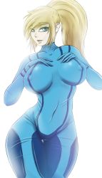 Rule 34 | 1girl, blonde hair, blue eyes, bodysuit, breast suppress, breasts, covered erect nipples, covered navel, curvy, imp (impractical), impracticalart, large breasts, long hair, looking at viewer, metroid, nintendo, open mouth, ponytail, samus aran, simple background, skin tight, smile, solo, white background, wide hips, zero suit