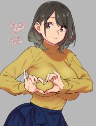 Rule 34 | 1girl, 2021, agawa ryou, black hair, brown eyes, commentary, dated, english commentary, grey background, heart, heart hands, long hair, looking at viewer, original, signature, simple background, smile, solo