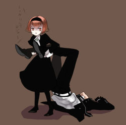 Rule 34 | 1boy, 1girl, android, bad id, bad pixiv id, black dress, blazer, brown background, colored skin, dragging, dress, formal, gloves, hairband, jacket, lying, necktie, on back, pale skin, pant suit, pants, pantyhose, puffy sleeves, r0c, r dorothy wayneright, red eyes, red hair, roger smith, short hair, simple background, suit, the big o, translation request, upside-down, white skin
