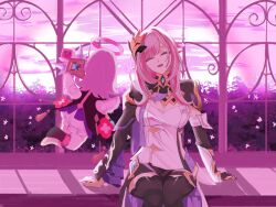 Rule 34 | 2girls, absurdres, black footwear, black gloves, boots, breasts, cleavage, cleavage cutout, clothing cutout, cloud, cloudy sky, elf, elf elysia, elysia (honkai impact), elysia (miss pink elf) (honkai impact), facing viewer, gloves, hair ornament, halo, highres, holding, holding wand, honkai (series), honkai impact 3rd, hzulip, large breasts, long hair, long sleeves, multiple girls, open mouth, pink clouds, pink hair, pointy ears, shrug (clothing), single glove, sitting, sky, smile, thigh boots, wand