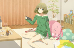 Rule 34 | 1girl, bag, barefoot, blue eyes, book, bottle, brown hair, chopsticks, closed mouth, collarbone, commentary request, curtains, cushion, food, fume, glass, green eyes, green shirt, handbag, handheld game console, heterochromia, holding, idolmaster, idolmaster cinderella girls, indoors, kosumone, looking at viewer, mole, mole under eye, off-shoulder shirt, off shoulder, on floor, plant, plate, playstation portable, potted plant, rug, shirt, short hair, shorts, sitting, sleeves past wrists, smile, solo, stuffed animal, stuffed rabbit, stuffed toy, table, takagaki kaede, white shorts, wooden floor
