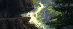 Rule 34 | 1boy, andreas rocha, artist name, cape, cliff, highres, holding, holding sword, holding weapon, nature, original, outdoors, over shoulder, path, red cape, road, scenery, sword, tree, water, waterfall, watermark, weapon, weapon over shoulder