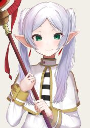 Rule 34 | 1girl, capelet, closed mouth, commentary request, earrings, elf, frieren, green eyes, grey hair, helthbuth, highres, holding, holding staff, jewelry, long hair, looking at viewer, mage staff, pointy ears, shirt, simple background, skirt, smile, solo, sousou no frieren, staff, striped clothes, striped shirt, twintails, white background, white capelet, white skirt