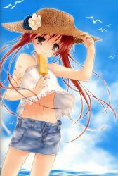 Rule 34 | 1girl, :p, absurdres, artist request, beach, bird, clothes lift, cloud, day, denim, denim skirt, flat chest, flower, food, grey eyes, halterneck, halterneck, hat, highres, lace, licking, long hair, midriff, miniskirt, navel, outdoors, pencil skirt, pinky out, popsicle, red hair, scan, seagull, shirt lift, skirt, sky, solo, straw hat, tattoo, tongue, tongue out, twintails, very long hair, water, wind, wind lift