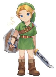 Rule 34 | 1boy, belt, blonde hair, blue eyes, brown footwear, child, commentary request, english text, green tunic, highres, hylian shield, left-handed, link, looking at viewer, male focus, nintendo, olxexlo, pointy ears, shield, simple background, smile, solo, sword, the legend of zelda, the legend of zelda: majora&#039;s mask, tunic, weapon, white background, young link