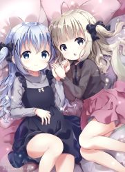 Rule 34 | 2girls, animal ears, bed sheet, black bow, black dress, blue eyes, blue hair, blush, bow, brown shirt, chestnut mouth, closed mouth, commentary request, dated, dress, feet out of frame, ferret ears, ferret tail, fingernails, gochuumon wa usagi desu ka?, grey shirt, hair bow, hair ornament, hand up, hands up, holding hands, kafuu chino, knee up, light brown hair, long hair, long sleeves, lying, multiple girls, neki (wakiko), on back, on side, parted lips, pillow, pink skirt, see-through, shirt, skirt, sleeveless, sleeveless dress, smile, tail raised, twitter username, two side up, very long hair, x hair ornament