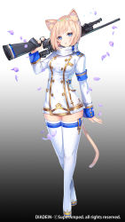 Rule 34 | 1girl, animal ear fluff, animal ears, apple caramel, arm at side, armband, blonde hair, blue eyes, boots, breasts, buttons, cat ears, cat tail, commentary request, diadein, double-breasted, full body, gradient background, grey background, gun, highres, holding, holding gun, holding weapon, long sleeves, looking at viewer, medium breasts, military, military uniform, official art, open mouth, over shoulder, petals, rifle, short hair, solo, standing, tail, thigh boots, thighhighs, trigger discipline, uniform, weapon, weapon over shoulder, white footwear, white thighhighs, zettai ryouiki