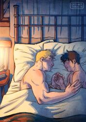 Rule 34 | 2boys, bad id, bad tumblr id, bara, bed sheet, black hair, blonde hair, blush, couple, cris art, dark, eye contact, hulkling, looking at another, lying, male focus, marvel, multiple boys, muscular, muscular male, naked sheet, nude, on bed, on side, shared blanket, short hair, sideburns, smile, thick eyebrows, wiccan, yaoi