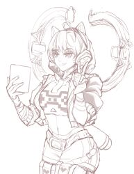 Rule 34 | absurdres, ahoge, animal ear headphones, animal ears, animification, apex legends, cat ear headphones, chinese commentary, conduit (apex legends), controller, cropped hoodie, fake animal ears, fingerless gloves, freckles, game controller, gloves, greyscale, headphones, highres, holding, holding controller, holding game controller, holding tablet pc, hood, hood up, hoodie, jacket, licking lips, ling yu qiu zhou, mechanical legs, midriff, monochrome, navel, official alternate costume, player one conduit, short hair, shorts, simple background, tablet pc, tongue, tongue out, v, white background