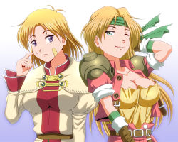 Rule 34 | 2girls, bandaid, belt, blonde hair, blue background, breasts, cecilia lynne adelhyde, cleavage, company connection, cropped jacket, crossover, gloves, gradient background, green eyes, gunners heaven, headband, hiro yoshinaka, large breasts, long hair, media vision, multiple girls, one eye closed, purple eyes, rapid reload, ruka hetfield, shawl, shirt, short hair, shoulder pads, smile, white background, wild arms, wild arms 1