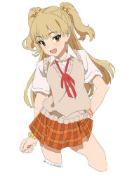 Rule 34 | baba arumi, blonde hair, bow, bowtie, brown vest, checkered clothes, checkered skirt, commentary, eyelashes, fang, green eyes, gyaru, hand on own hip, idolmaster, idolmaster cinderella girls, jougasaki rika, long hair, looking at viewer, open mouth, orange skirt, red bow, red bowtie, school uniform, shirt, short sleeves, skirt, smile, thighs, twintails, vest, white shirt, wristband