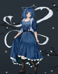 Rule 34 | 1girl, black background, black footwear, blue dress, blue eyes, blue hair, branch, closed mouth, commentary, dress, full body, hair rings, highres, kaku seiga, looking at viewer, ourie, shawl, short hair, short sleeves, simple background, solo, touhou, vest