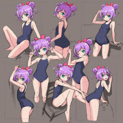 Rule 34 | 1girl, against wall, ass, barefoot, bow, brown background, chair, cropped legs, double bun, double v, green eyes, hair bow, looking at viewer, manaka laala, multiple views, one-piece swimsuit, one eye closed, open mouth, pretty series, pripara, purple hair, rohitsuka, school swimsuit, short hair, sitting, sketch, smile, swimsuit, v
