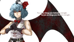 Rule 34 | 1girl, aged up, alternate costume, bare shoulders, bat wings, belt, black gloves, bow, bowtie, cracking knuckles, cross, english text, fang, female focus, gloves, hat, hat ribbon, light purple hair, light smile, muchakushoku, muscular, own hands together, palm-fist greeting, red eyes, remilia scarlet, ribbon, short hair, simple background, sleeveless, solo, text focus, touhou, white background, wings