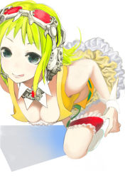 Rule 34 | 00s, 1girl, :q, bad id, bad pixiv id, breasts, bridal garter, cleavage, downblouse, goggles, goggles on head, green eyes, green hair, gumi, headphones, headset, large breasts, leaning forward, matching hair/eyes, ocaca (chocolate-hopper), short hair, simple background, smile, solo, tongue, tongue out, vocaloid