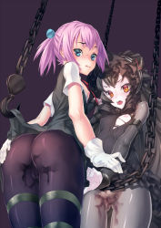 Rule 34 | 10s, 2girls, abyssal ship, ass, bad id, bad pixiv id, black hair, black legwear, blue eyes, blush, breasts, cameltoe, chain, covered erect nipples, gloves, gothic lolita, grey legwear, hand on own ass, hook, isolated island oni, kantai collection, kutori pan&#039;ya, lolita fashion, long hair, looking at viewer, multiple girls, nipples, open mouth, orange eyes, pale skin, pantyhose, pink hair, pussy juice, pussy juice stain, shiranui (kancolle), short hair, short ponytail, small breasts, torn clothes, white gloves