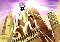 Rule 34 | 1girl, 20th century fox, blush, chibi, elizabeth tower, expressionless, fate/grand order, fate (series), hair over one eye, leaning tower of pisa, mash kyrielight, navel, parody, purple hair, sen (astronomy), short hair, solo