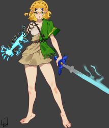 Rule 34 | 1girl, absurdres, archaic set (zelda), barefoot, blonde hair, blue skin, braid, breasts, censored, censored feet, colored skin, cosplay, crown braid, hair ornament, hairclip, highres, holding, holding sword, holding weapon, l4wless, link, link (cosplay), master sword, medium breasts, medium hair, mosaic censoring, nintendo, parted bangs, pointy ears, princess zelda, shoulder tattoo, signature, single bare shoulder, single sleeve, standing, sword, tattoo, the legend of zelda, the legend of zelda: tears of the kingdom, weapon, yellow eyes