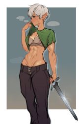 Rule 34 | 1girl, abs, absurdres, blush, border, bra, brown eyes, elf, facial scar, glint, gradient background, grey bra, grey hair, highres, holding, holding sword, holding weapon, mon eree, muscular, muscular female, navel, original, pointy ears, scar, scar on arm, scar on cheek, scar on face, scar on stomach, short hair, simple background, solo, steam, steaming body, sweat, sword, tan, underwear, warrior, weapon, white border, wiping sweat