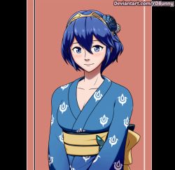 Rule 34 | 1girl, blue eyes, blue hair, blush, breasts, cleavage, fire emblem, fire emblem awakening, flower, hair flower, hair ornament, highres, japanese clothes, kimono, looking at viewer, lucina (fire emblem), nintendo, no bra, short hair, small breasts, smile, solo, tiara, upper body, ydbunny