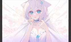 Rule 34 | 1girl, animal ears, blue choker, blue eyes, blue flower, blue nails, blue ribbon, choker, claxton (warship girls r), collarbone, commentary request, curtain grab, curtains, dress, flower, frilled choker, frills, hair between eyes, hair flower, hair ornament, hands up, hasu (velicia), highres, looking at viewer, nail polish, official art, parted lips, pillarboxed, ribbon, silver hair, solo, transparent, upper body, warship girls r, white dress