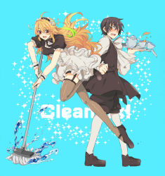 Rule 34 | 1boy, 1girl, ahoge, alternate costume, aqua background, black hair, blonde hair, cleaning brush, corset, cup, dress, enmaided, fishnets, jude mathis, maid, maid headdress, milla maxwell, official alternate costume, red eyes, sinaooo, sparkle, tales of (series), tales of xillia, tea, teacup, thighhighs, water
