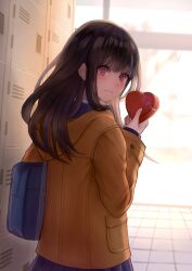 Rule 34 | 1girl, bag, blush, box, brown hair, coat, commentary, english commentary, from behind, frown, heart-shaped box, highres, holding, holding box, hood, hooded coat, ilikegoya, locker, long hair, long sleeves, looking at viewer, looking back, original, pink eyes, pleated skirt, ringed eyes, school bag, skirt, solo, sunlight, tile floor, tiles, valentine