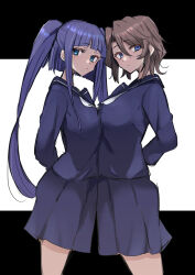 2girls black_skirt blue_eyes blue_hair blunt_bangs brown_hair closed_mouth cowboy_shot expressionless from_side furudo_erika hair_between_eyes highres long28 long_hair looking_at_viewer multiple_girls neckerchief school_uniform shannon_(umineko) short_hair sidelocks skirt standing twintails umineko_no_naku_koro_ni