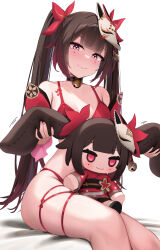 1girl alternate_costume bell bikini black_choker brown_hair butterfly-shaped_pupils character_doll choker closed_mouth commentary doll english_commentary flower_tattoo fox_mask highres holding holding_doll honkai:_star_rail honkai_(series) jingle_bell legs_together mark_under_both_eyes mask mask_on_head neck_bell pink_eyes red_bikini sitting skai_kun smile sparkle_(doll)_(honkai:_star_rail) sparkle_(honkai:_star_rail) swimsuit symbol-shaped_pupils tattoo twintails white_background