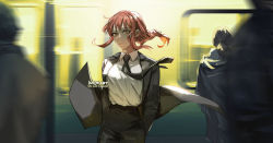 Rule 34 | 1girl, arms behind back, artist name, black coat, black necktie, black pants, blurry, blurry foreground, braid, braided ponytail, breasts, business suit, chainsaw man, coat, collared shirt, extra, formal, glowing, hood, hoodie, jacket, kadeart, long sleeves, looking at viewer, makima (chainsaw man), medium breasts, necktie, pants, people, ponytail, red hair, shirt, sinister, smile, solo focus, standing, suit, thick thighs, thighs, tight clothes, train, train station, walking, yellow eyes