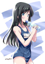 Rule 34 | 10s, 1girl, asashio (kancolle), black hair, blue eyes, blush, drink, kantai collection, long hair, looking at viewer, mikage takashi, one-piece swimsuit, ramune, school swimsuit, solo, swimsuit, twitter username