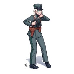 Rule 34 | 1girl, absurdres, ammunition pouch, belt, black footwear, bleeding, blonde hair, blood, blue eyes, boots, finger on trigger, full body, gun, hand on own neck, handgun, hat, highres, holding, holding gun, holding weapon, long sleeves, m1911, medium hair, military, military uniform, norway, norwegian army, norwegian uniform, original, ostwindprojekt, pants, pouch, shoelaces, shoes, simple background, soldier, solo, uniform, weapon, white background, world war ii